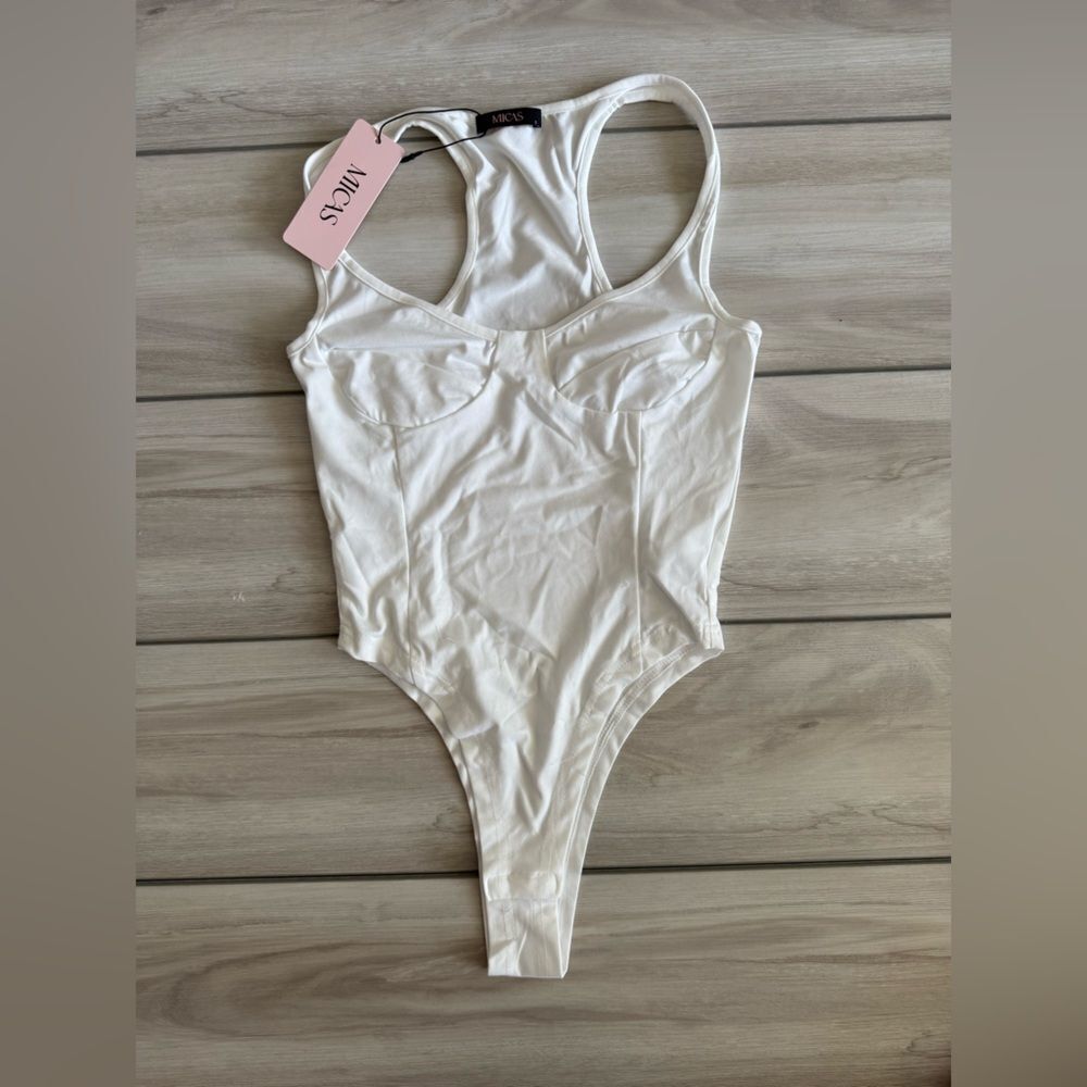 MICAS Basic Solid Deep-V Neck Bustier Bodysuit Wh… - image 5